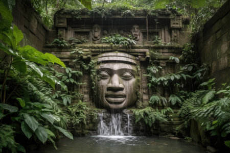 majestic stone face, with waterfalls and greenery in the background, created with generative aiの素材