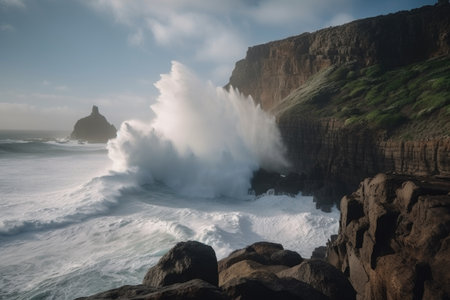 majestic cliff face with waves crashing against the rocks, spray flying in the air, created with generative aiの素材