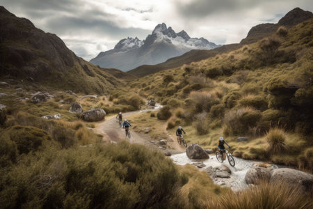 group of mountain bikers making their way down winding trail, with majestic scenery in the background, created with generative aiの素材
