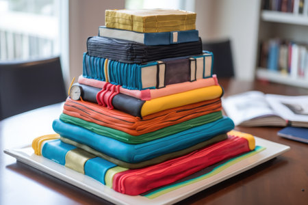decorative cake made to resemble giant stack of books with pops of color, created with generative aiの素材