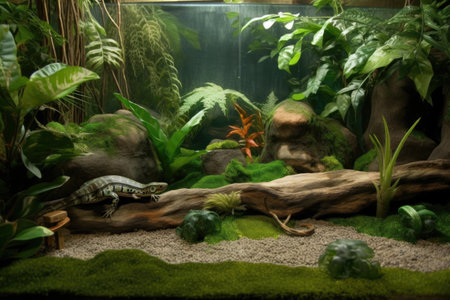 exotic pet habitat with water feature and foliage, created with generative aiの素材