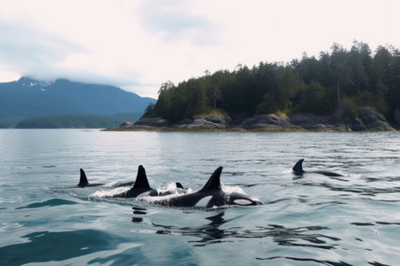 orcas swimming through crystal-clear waters, created with generative aiの素材