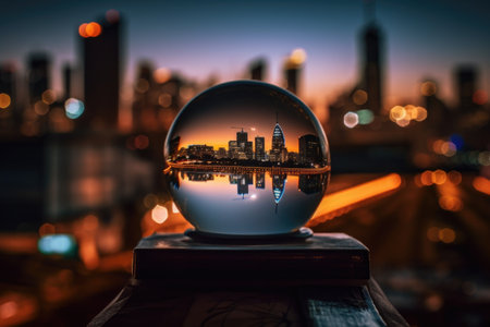 magic crystal ball, with view of bustling cityscape, bringing magic and mystery to the hustle and bustle, created with generative aiの素材