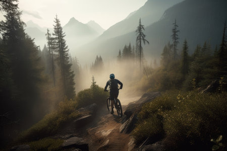 mountain biker riding through misty forest, with view of distant peaks, created with generative aiの素材