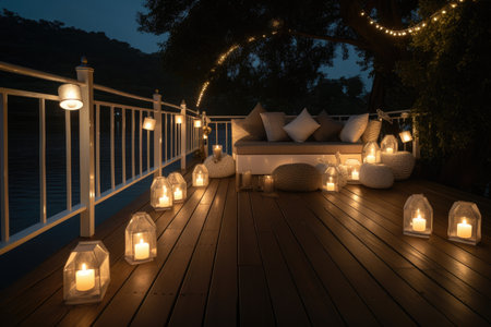 serenity deck with chaise lounges, candles, and lanterns for a romantic evening, created with generative aiの素材
