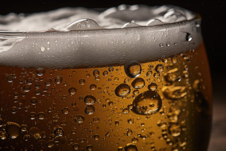close-up of draught beer, with droplets and bubbles visible, created with generative aiの素材