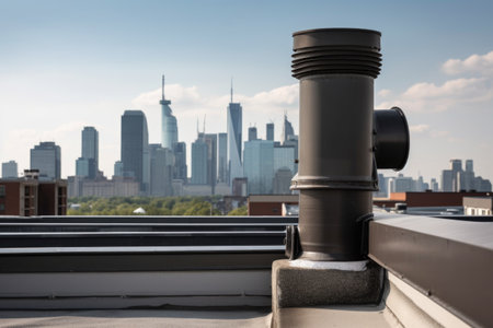 downpipe from the rooftop of a building with impressive view of the city skyline, created with generative aiの素材