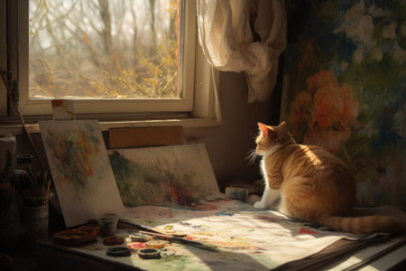 cat sitting in patch of sunlight, painting the view on canvas, created with generative aiの素材