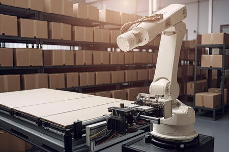 packaging and sorting robot, working tirelessly in busy warehouse, packaging goods to be shipped, created with generative aiの素材