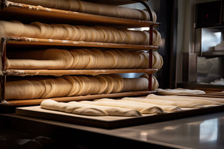 pizzeria, with stacks of freshly rolled dough ready for the chefs next creation, created with generative aiの素材