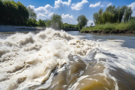 chemical waste spill into river causes toxic foam to float on the water, created with generative aiの素材