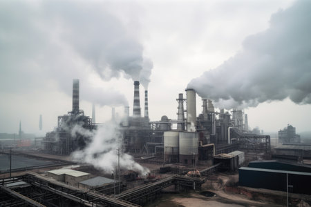industrial processes that emit harmful smoke, chemical and gas pollutants into the air, created with generative aiの素材