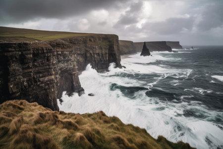 dramatic coastline with towering cliffs and crashing waves, created with generative aiの素材