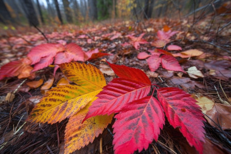 close-up of red and yellow leaves on forest floor, created with generative aiの素材
