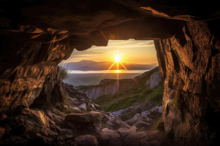cave entrance, with view of the sun setting over the horizon, through a mountain range, created with generative aiの素材