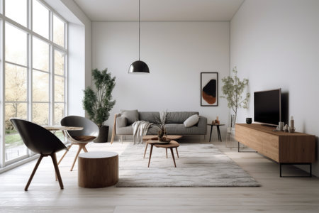 minimalist living room with a modern furniture and scandinavian design, created with generative aiの素材