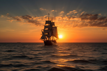sailing ship at sunset, with the sun setting over the horizon, created with generative aiの素材