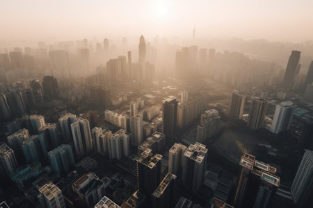 drone flies over busy metropolis, with aerial views of skyscrapers and bustling streets, created with generative aiの素材