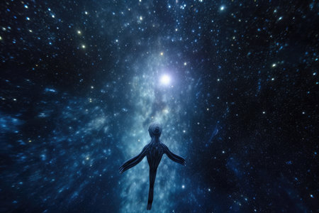 alien life form swimming in cosmic ocean, with stars shining overhead, created with generative aiの素材
