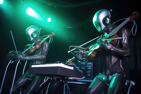 alien musicians playing futuristic instruments at space concert, created with generative aiの素材
