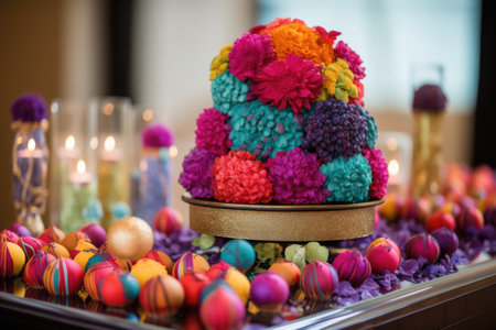 decorative cake with pops of color and flowers, created with generative aiの素材
