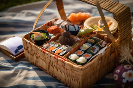 a picnic basket filled with sushis, rolls, and nigiri for a cultural fusion feast, created with generative aiの素材