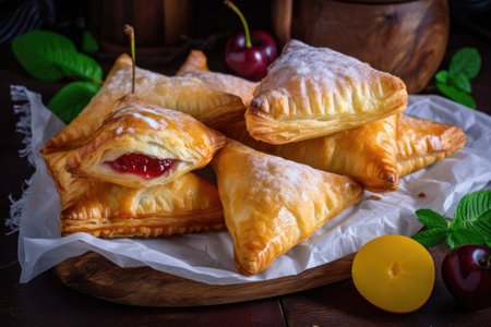 handmade turnovers with flaky puff pastry and fruit filling, created with generative aiの素材