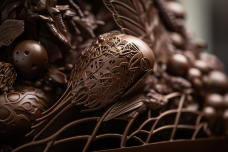 close-up of delicate chocolate sculpture, with detailed textures and patterns, created with generative aiの素材