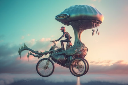alien, riding futuristic floating bike in the sky, traveling from one destination to another, created with generative aiの素材