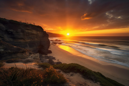 dramatic sunset, with the sun setting over a cliff-side beach, created with generative aiの素材