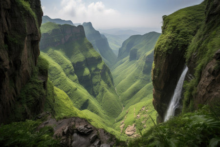 majestic waterfall with a majestic view of the valley beyond, created with generative aiの素材