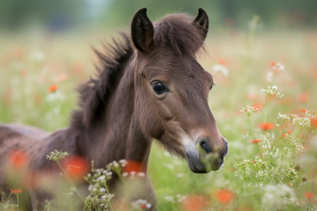 newborn horse, with its fuzzy and fluffy mane, in field of wildflowers, created with generative aiの素材