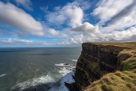 coastal cliff with sea and sky on the horizon, silhouetting clouds, created with generative aiの素材