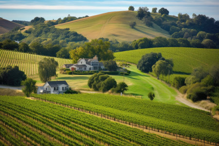 vineyard surrounded by rolling hills and picturesque farmhouses, created with generative aiの素材