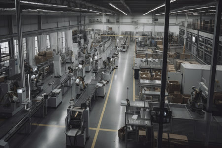 factory floor, with robots and printers moving parts to assembly line, created with generative aiの素材