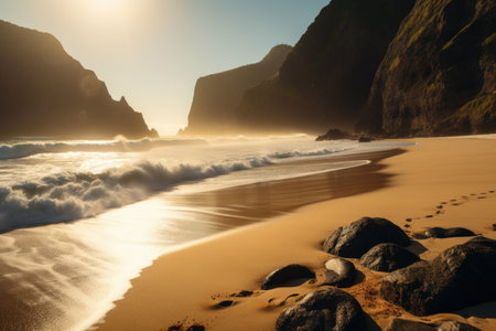 gorgeous beach with towering cliffs, waves rolling in, and the sun shining, created with generative aiの素材