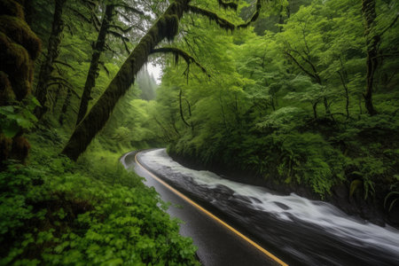scenic highway winding through lush forest, with towering trees and rushing water, created with generative aiの素材