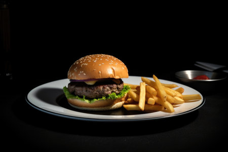classic burger and fries on plate with black background for contrast, created with generative aiの素材