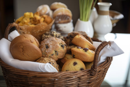 basket overflowing with muffins, scones, and other pastries for a tea party, created with generative aiの素材