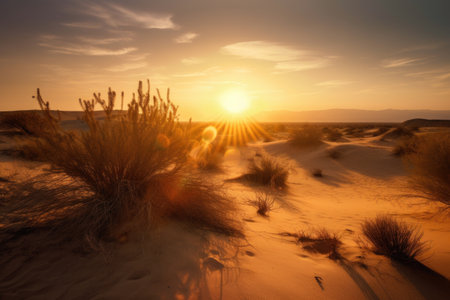 desert sunset, with the sun casting golden rays over the horizon, created with generative aiの素材