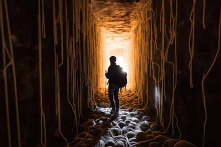 person, making their way through maze of ancient ruins, with flashlight and backpack, created with generative aiの素材