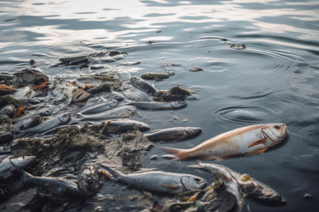 chemical waste spill in the ocean, with dead fish and crabs floating on the surface, created with generative aiの素材