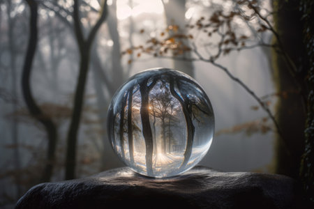 magic crystal ball, with mystical and misty forest in the background, created with generative aiの素材