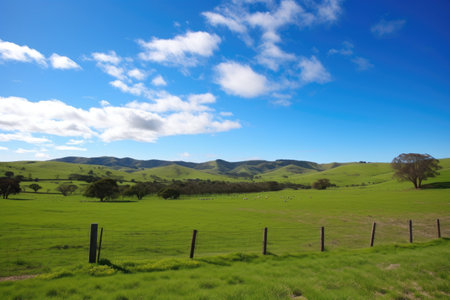 pasture surrounded by rolling hills and blue skies, created with generative aiの素材