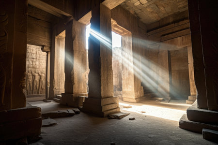 ancient ruins, with beams of sunlight shining down on the columns and walls, created with generative aiの素材