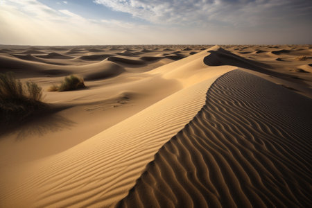desert landscape with towering dunes, the wind creating mesmerizing patterns in the sand, created with generative aiの素材