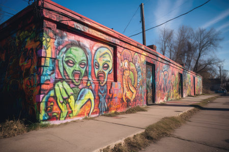 mid-afternoon sun casts a warm light on alien street art, bringing out vibrant colors, created with generative aiの素材