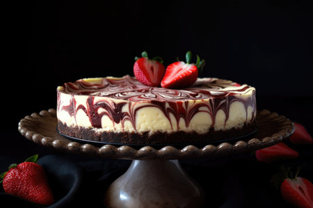 classic cheesecake with strawberry swirl on a chocolate crust, created with generative aiの素材