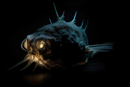 deep-sea anglerfish, with bioluminescent lure and eerie eyes, waiting in darkness, created with generative aiの素材