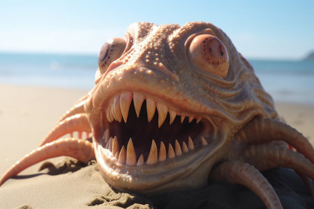 close-up of aliens face, with its eyes closed and mouth open, enjoying the sun on the beach, created with generative aiの素材